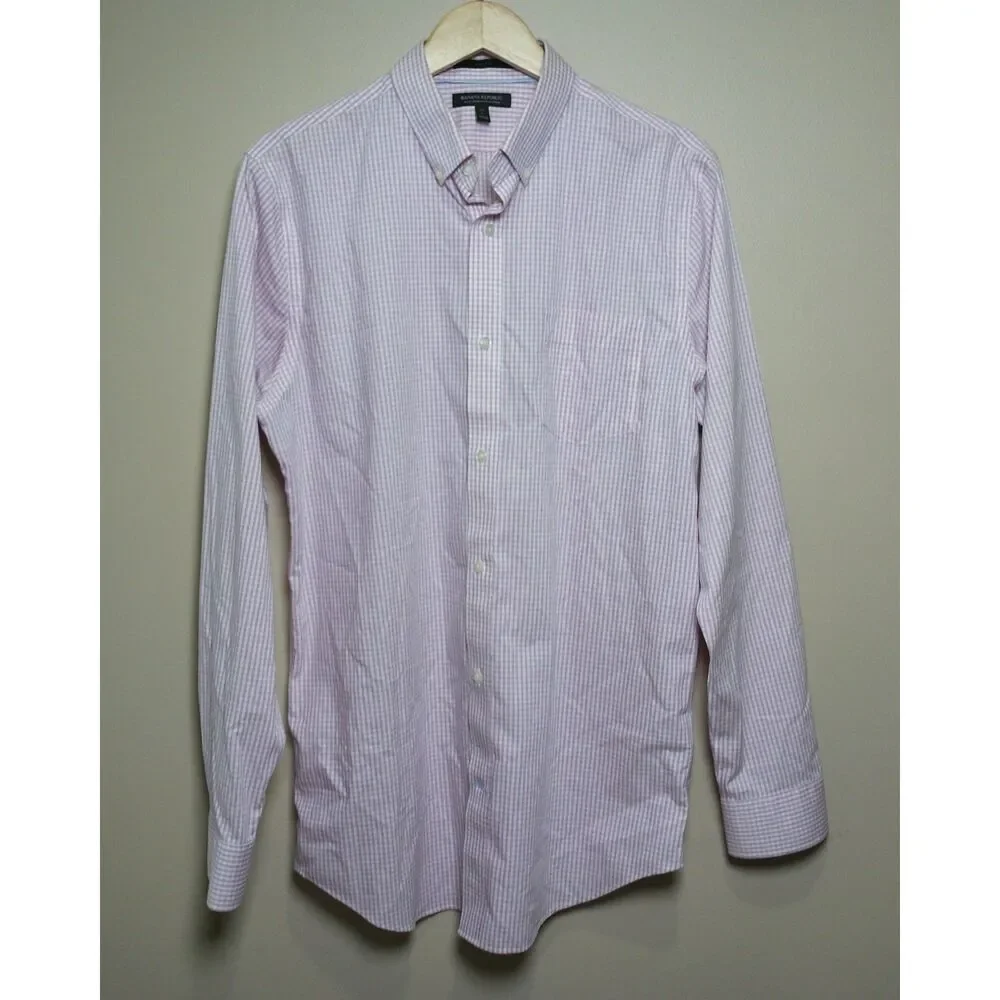 Banana Republic Slim Fit Pink Check Non-Iron Cotton Dress Shirt Tall Large L